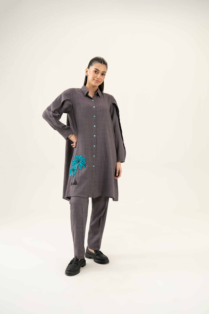 2 Piece Embroidered Yarn Dyed Grey Winter Suit