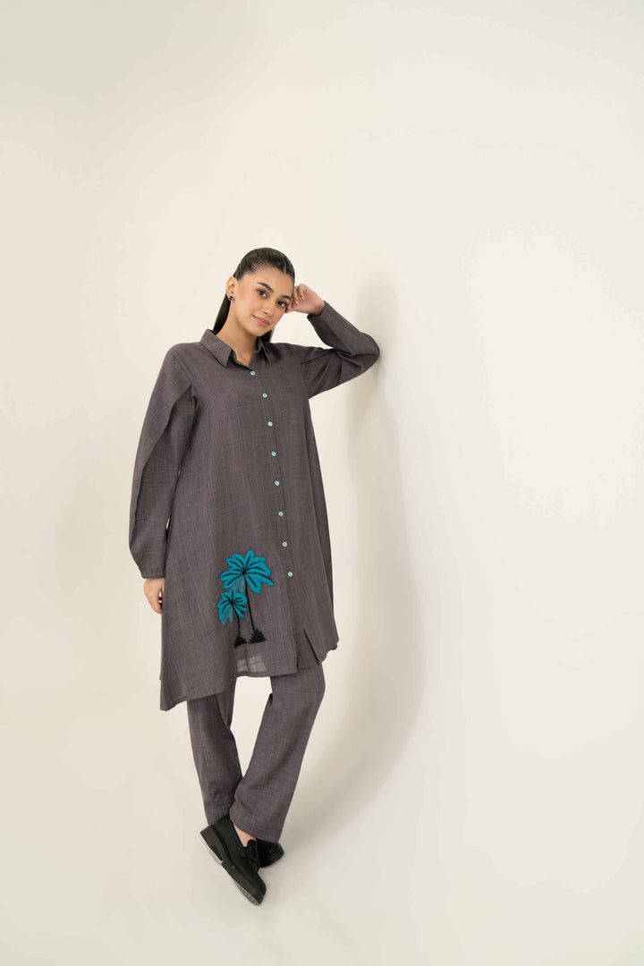 2 Piece Embroidered Yarn Dyed Grey Winter Suit