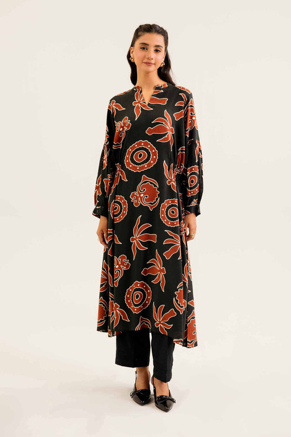 Black Linen Printed Winter Dress