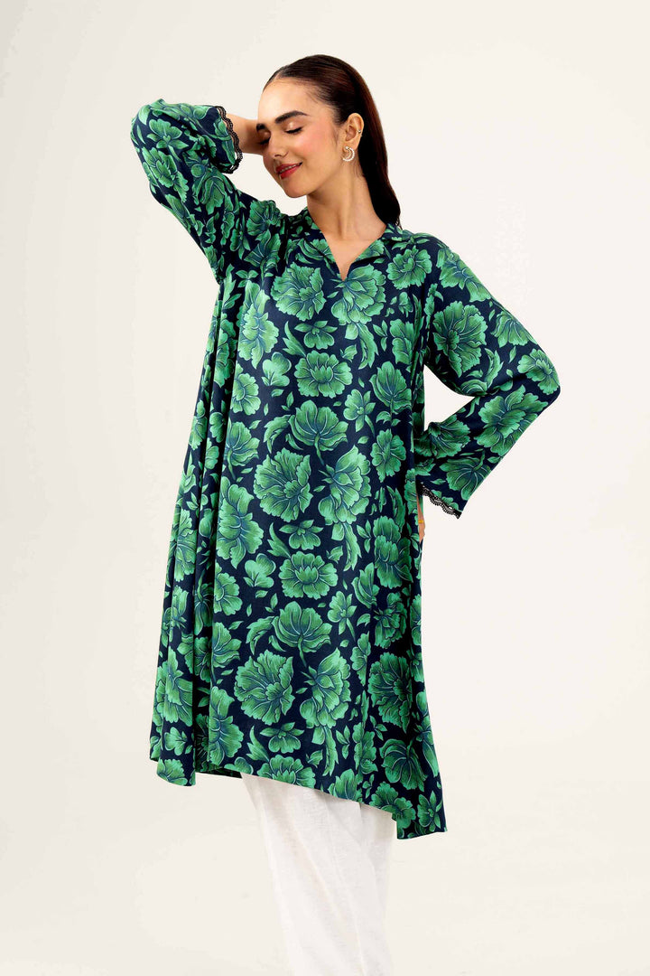 Green Linen Printed Winter Shirt 