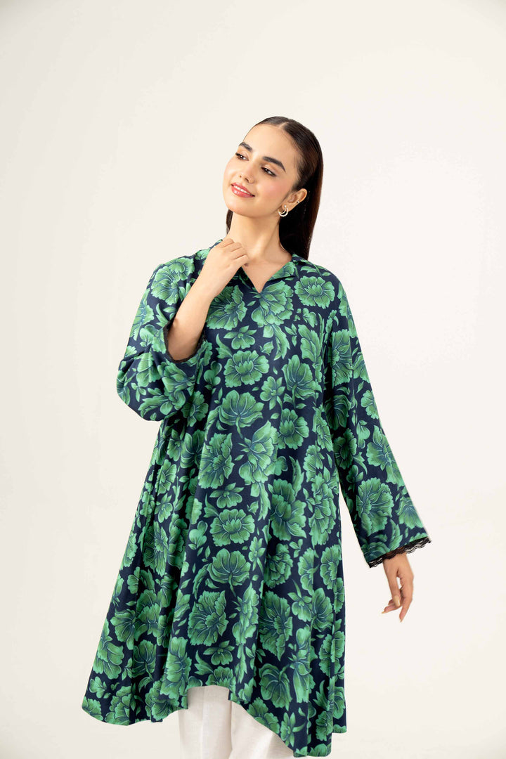 Green Linen Printed Winter Shirt 