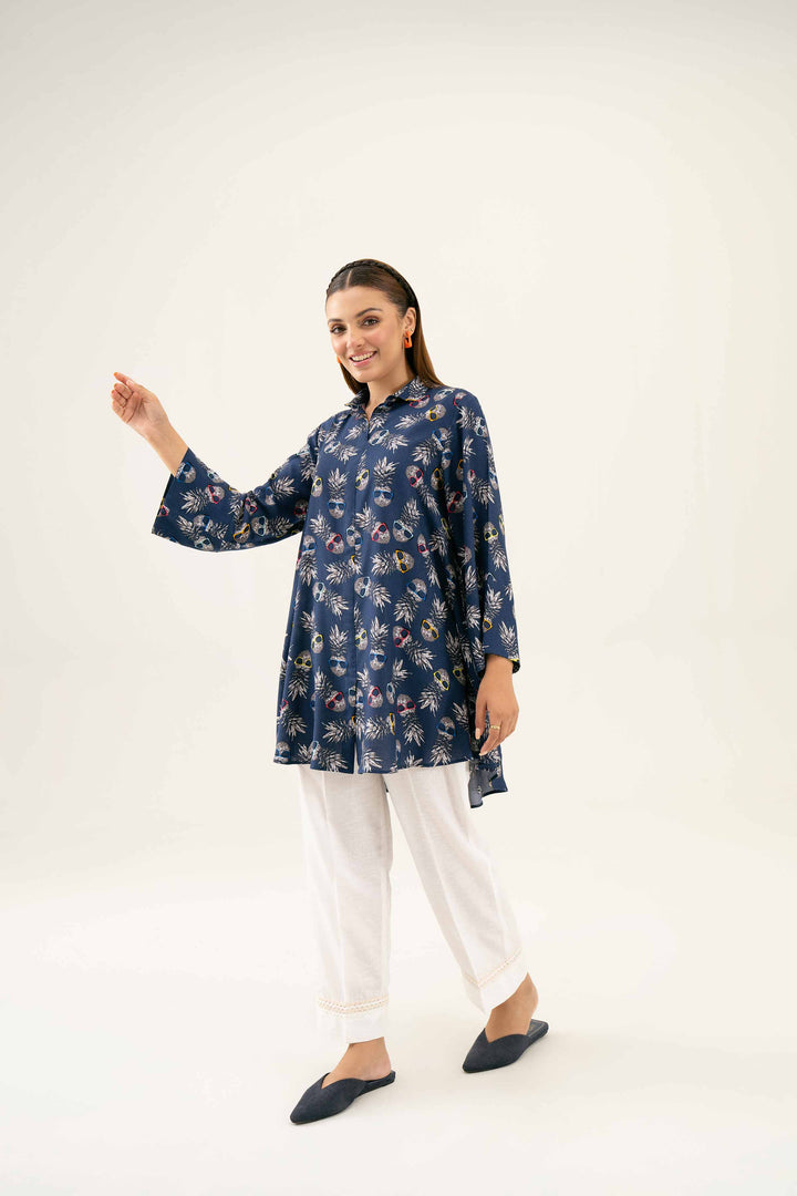 Navy Linen Printed Winter Tunic