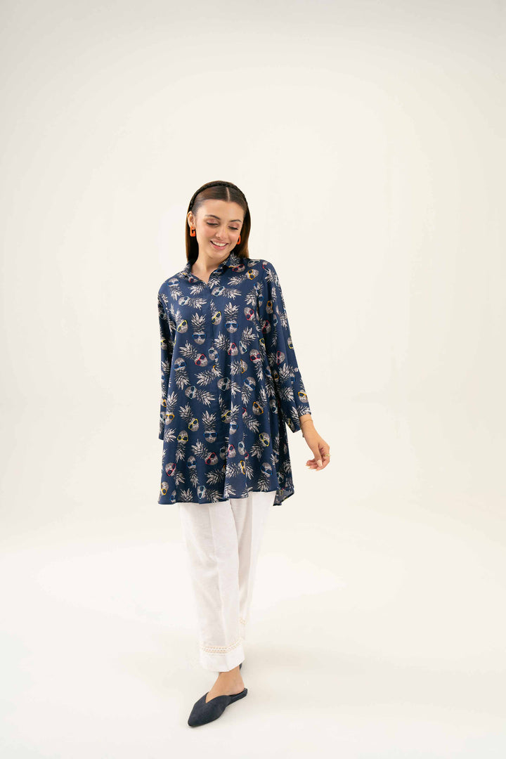 Navy Linen Printed Winter Tunic