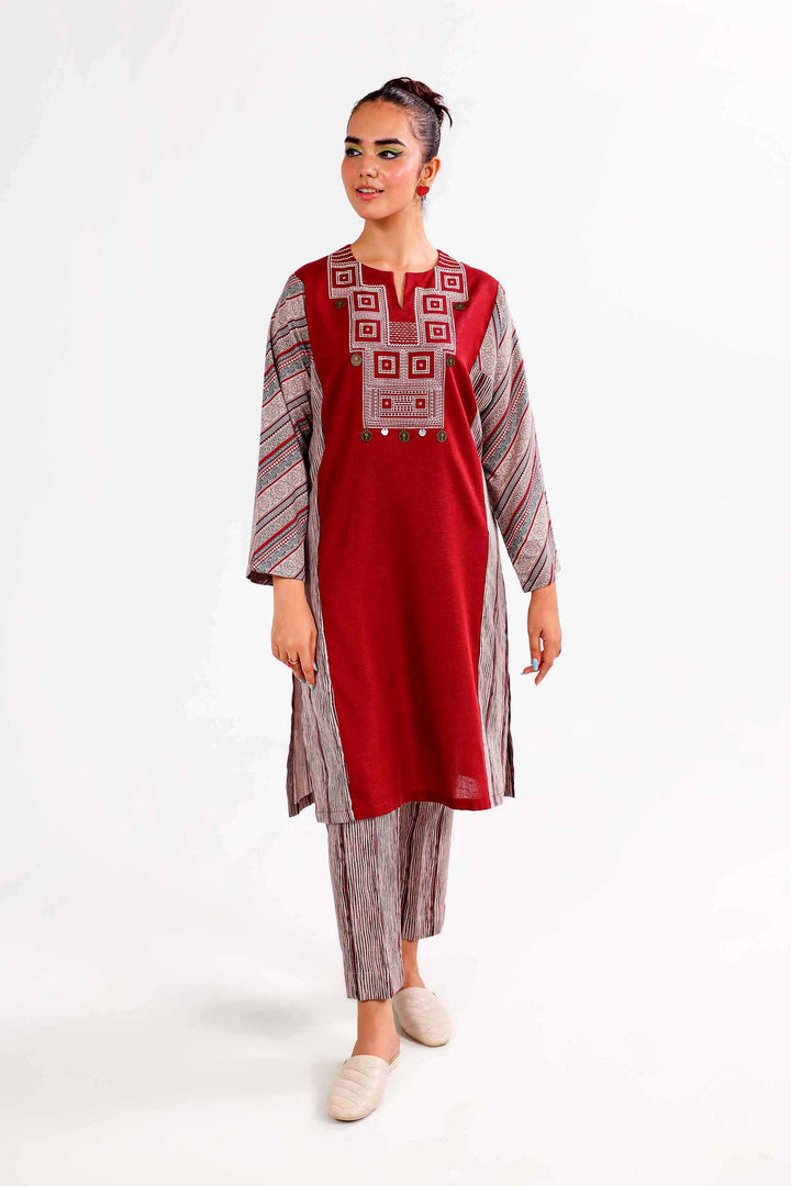 2 Piece Printed Embroidered Maroon Karandi Winter Suit