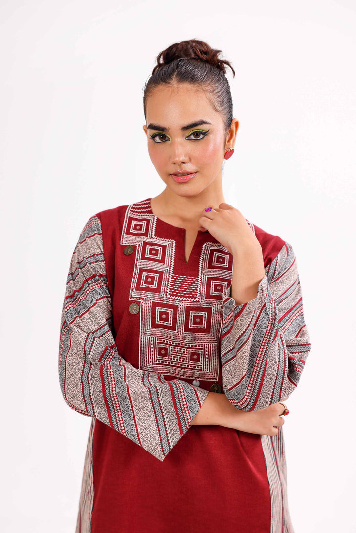 2 Piece Printed Embroidered Maroon Karandi Winter Suit