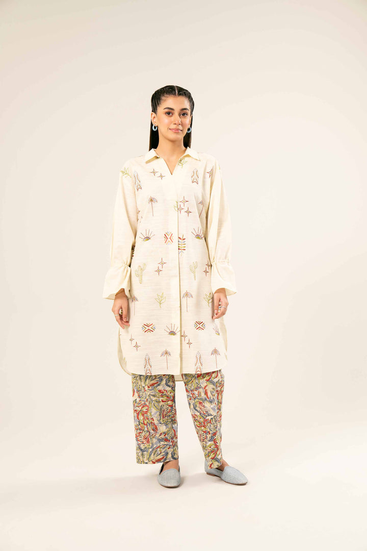 Printed Embroidered Off White & Multi Khaddar Suit