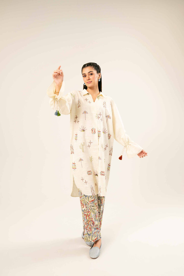 Printed Embroidered Off White & Multi Khaddar Suit