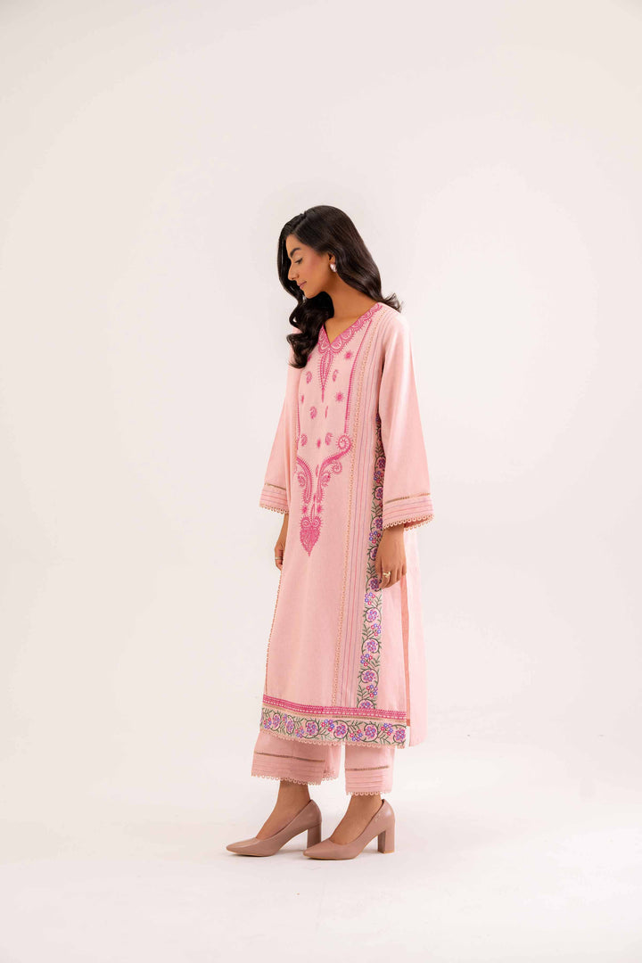 Embroidered Powder Pink Karandi Suit 