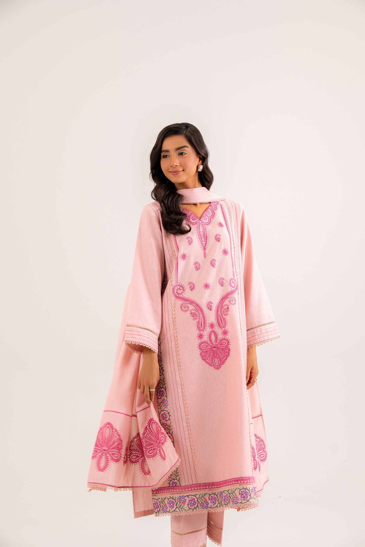 Embroidered Powder Pink Karandi Suit 