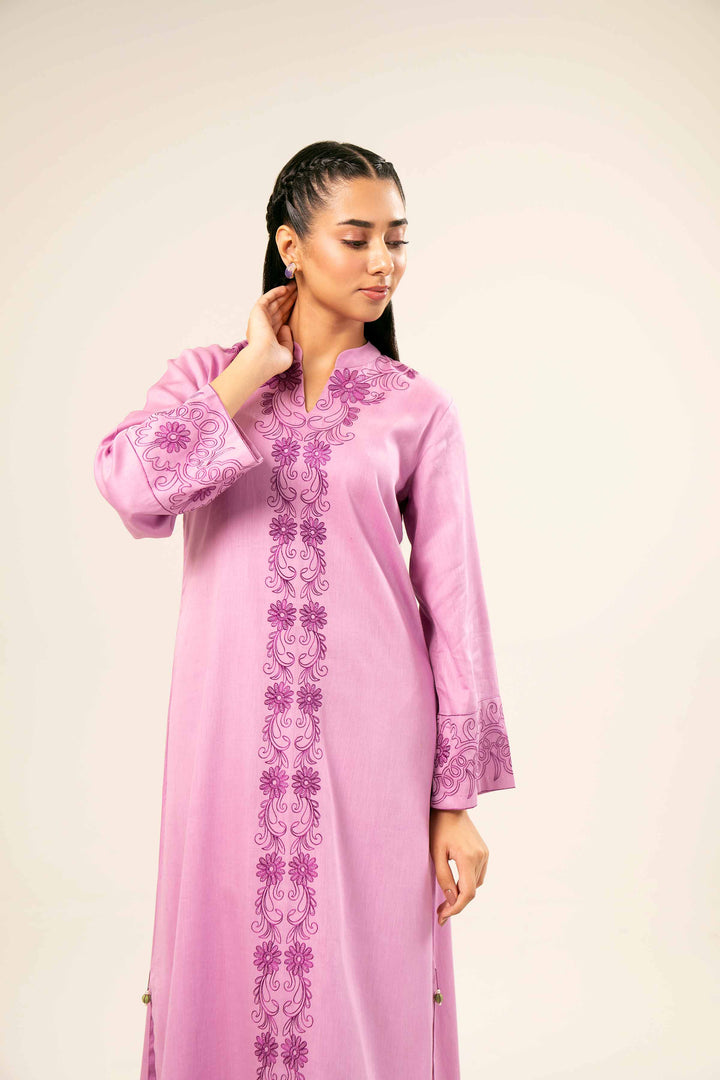 2 Piece Printed Embroidered Pink Satin Suit