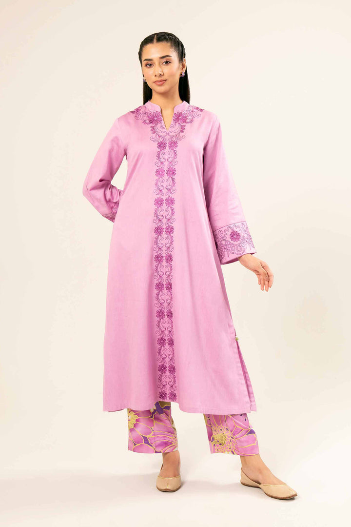 2 Piece Printed Embroidered Pink Satin Suit