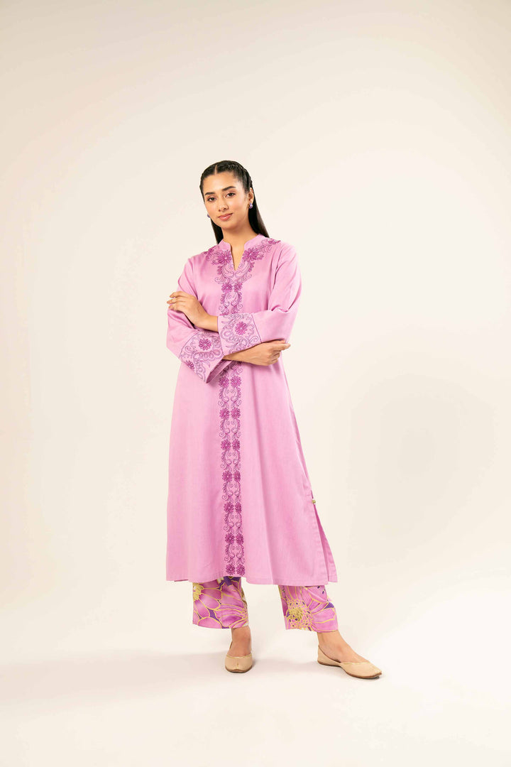 2 Piece Printed Embroidered Pink Satin Suit