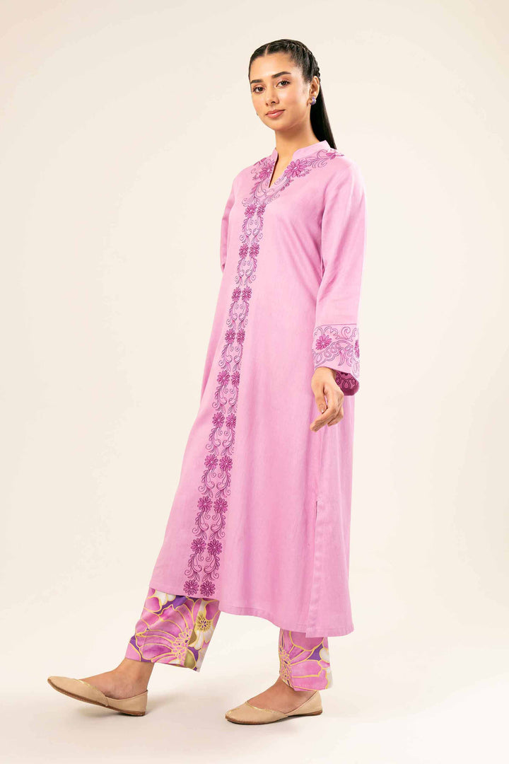 2 Piece Printed Embroidered Pink Satin Suit