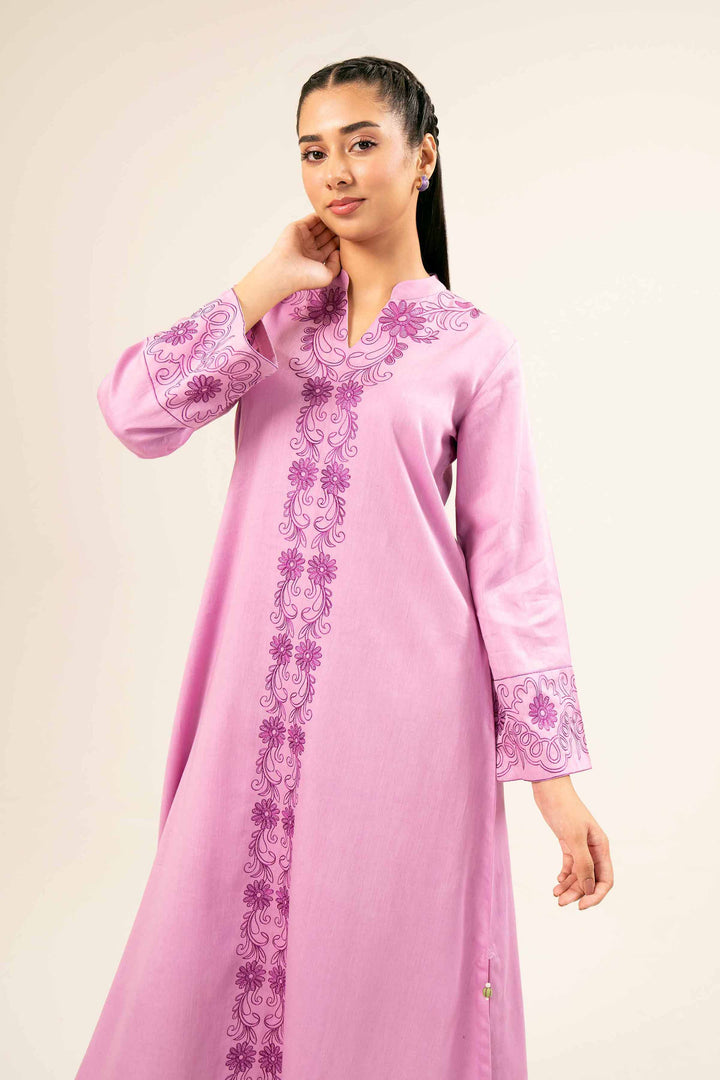 2 Piece Printed Embroidered Pink Satin Suit