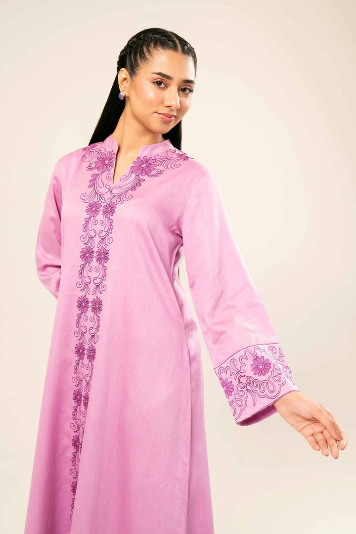 2 Piece Printed Embroidered Pink Satin Suit