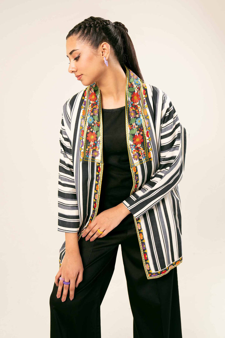 Printed Embroidered Black & White Khaddar Jecket