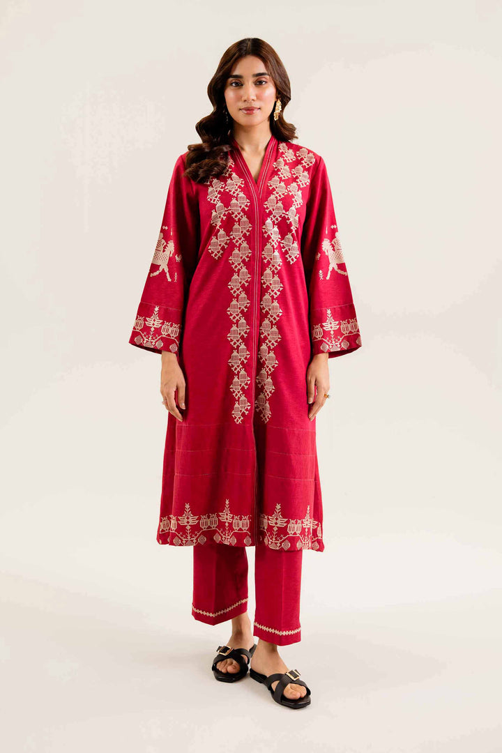 2 Piece Embroidered Red Karandi Winter Suit