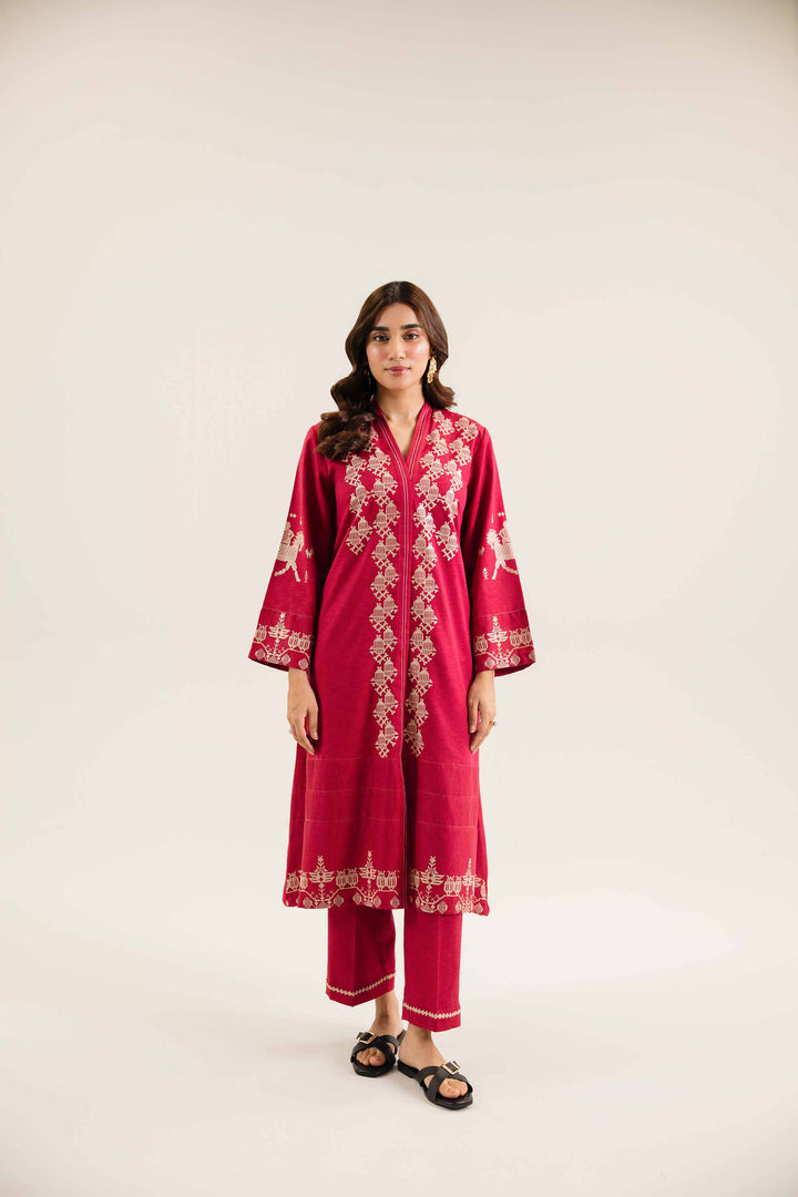 2 Piece Embroidered Red Karandi Winter Suit