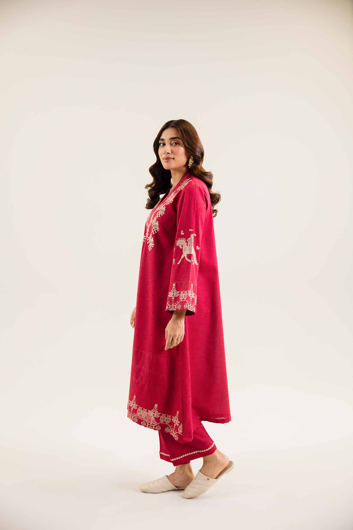 2 Piece Embroidered Red Karandi Winter Suit