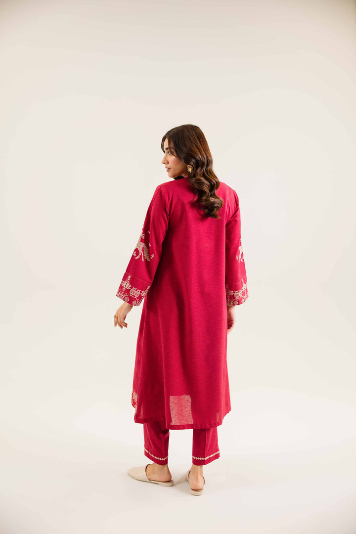 2 Piece Embroidered Red Karandi Winter Suit