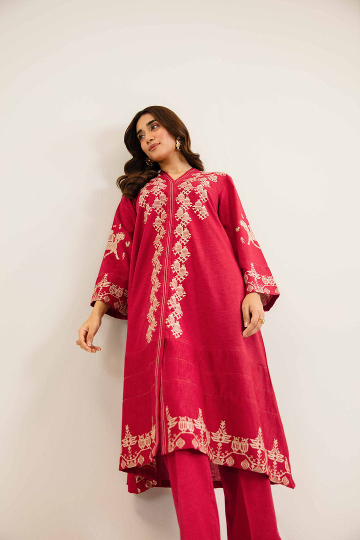 2 Piece Embroidered Red Karandi Winter Suit