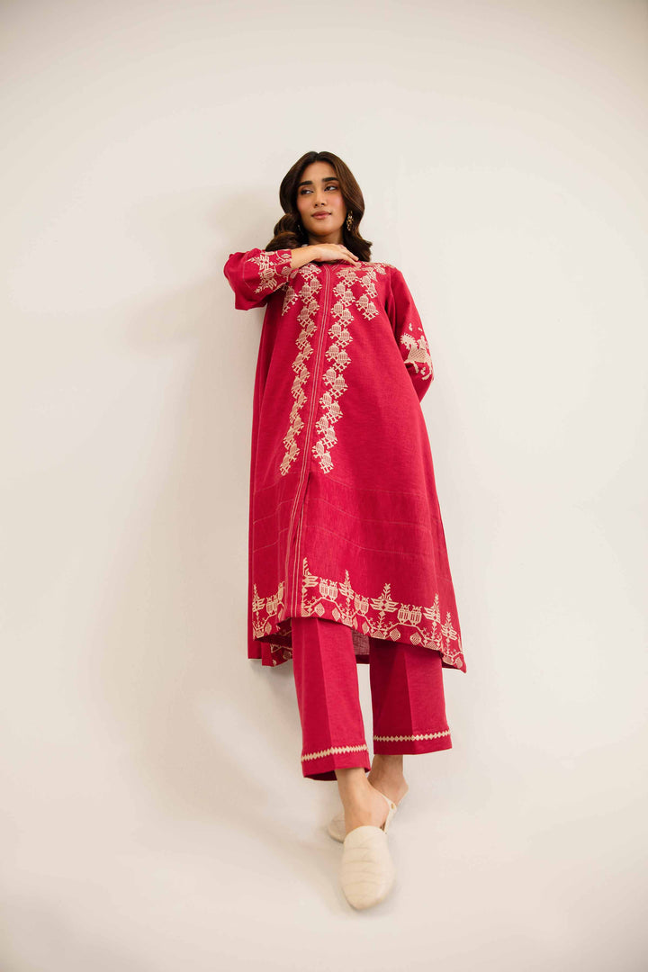 2 Piece Embroidered Red Karandi Winter Suit