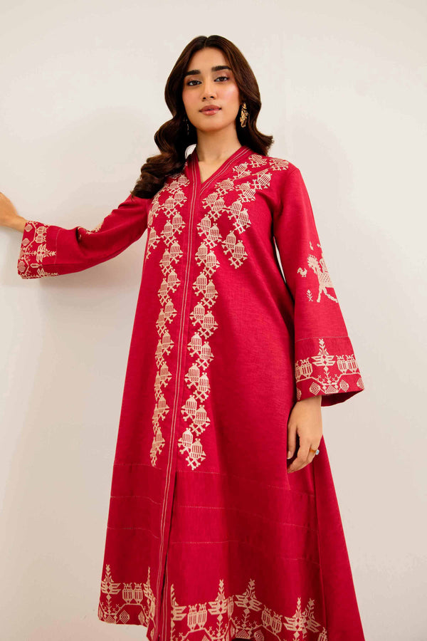 2 Piece Embroidered Red Karandi Winter Suit