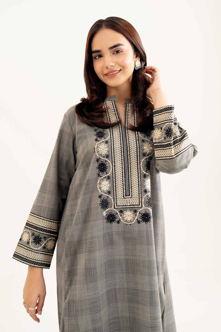 Beige & Black Yarn Dyed Embroidered Winter Shirt