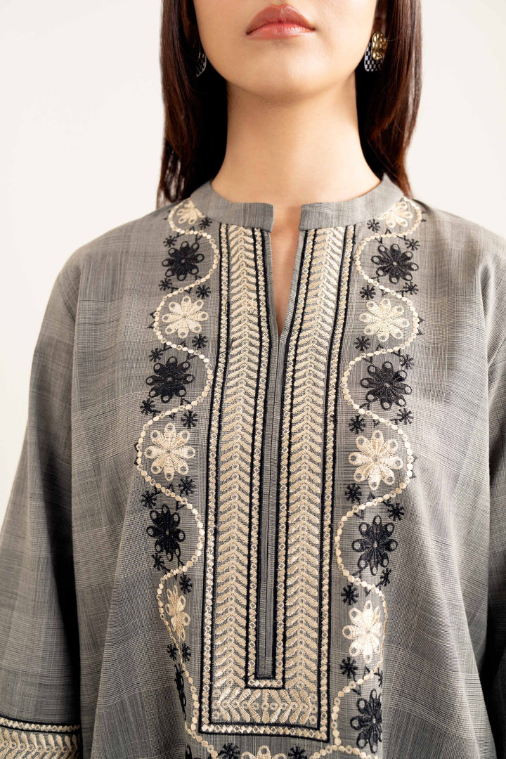 Beige & Black Yarn Dyed Embroidered Winter Shirt