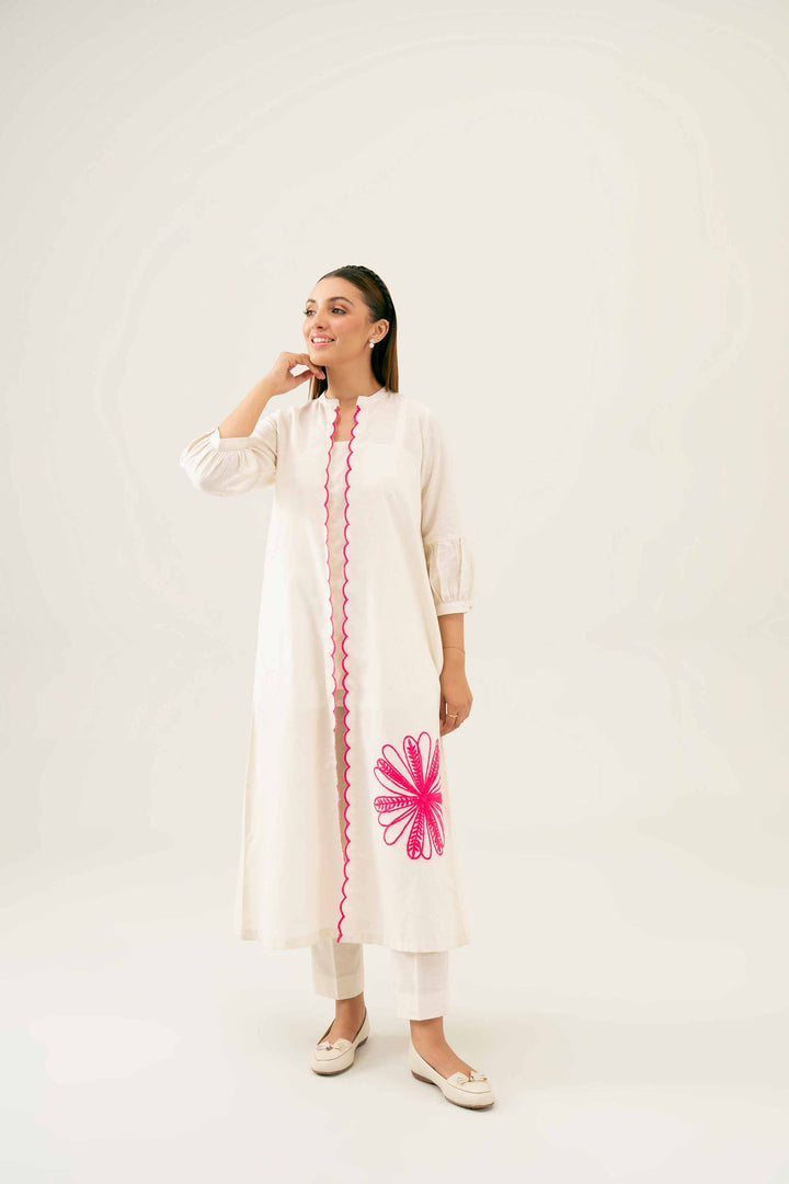 2 Piece Embroidered Off White Karandi Winter Suit