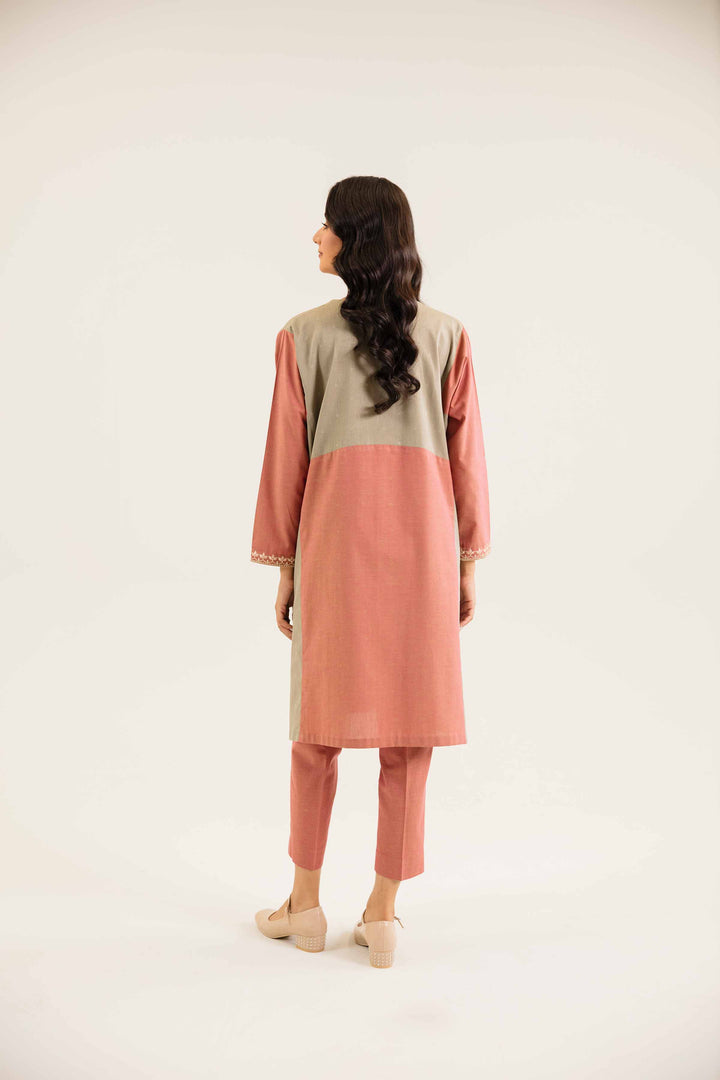 2 Piece Embroidered Olive & Pink Winter Yarn Dyed Suit