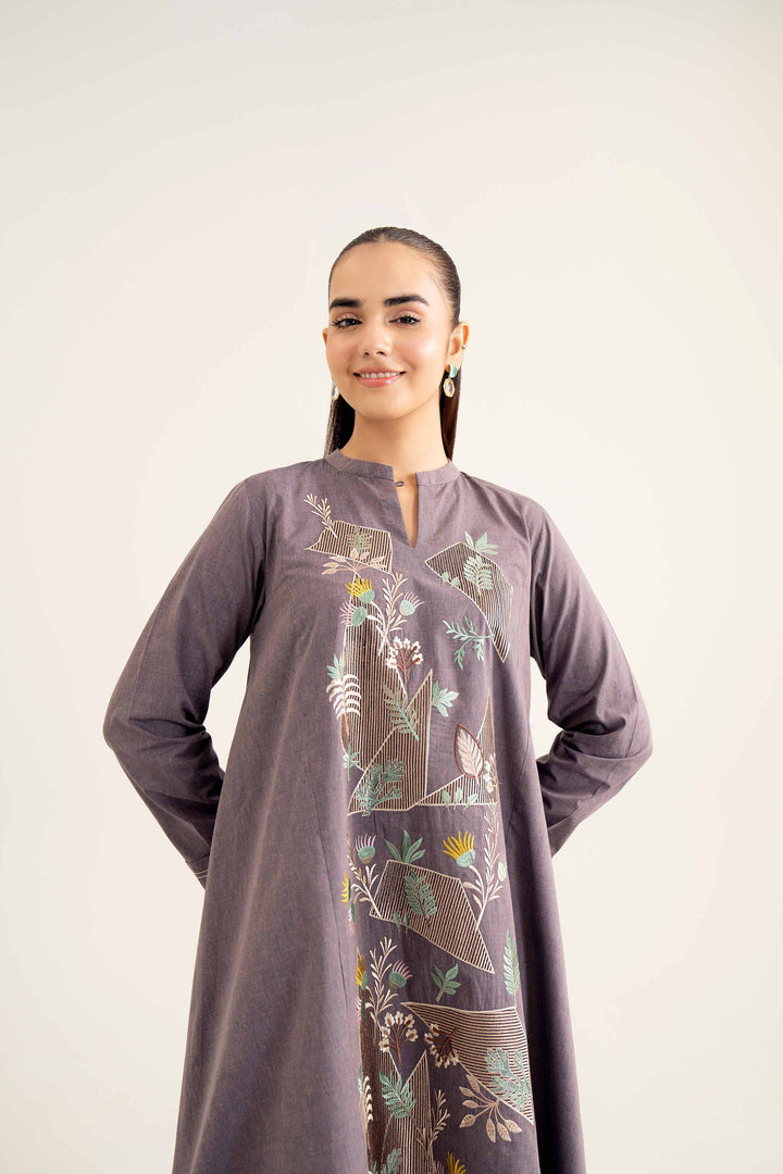 Grey Yarn Dyed Embroidered Winter Shirt