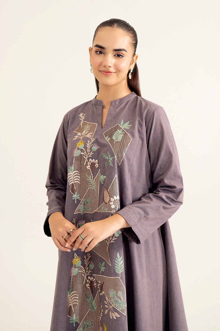 Grey Yarn Dyed Embroidered Winter Shirt