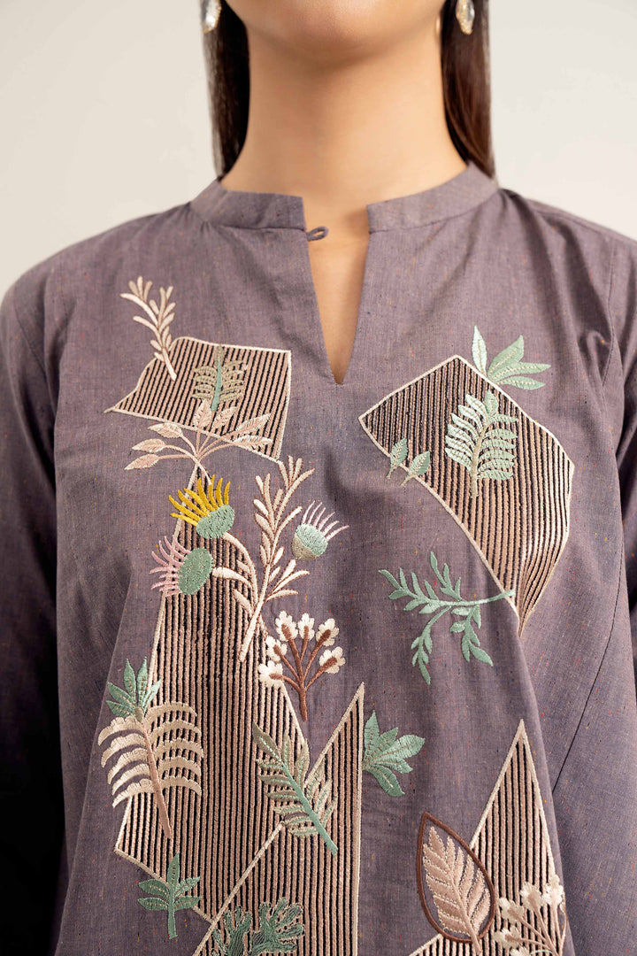 Grey Yarn Dyed Embroidered Winter Shirt