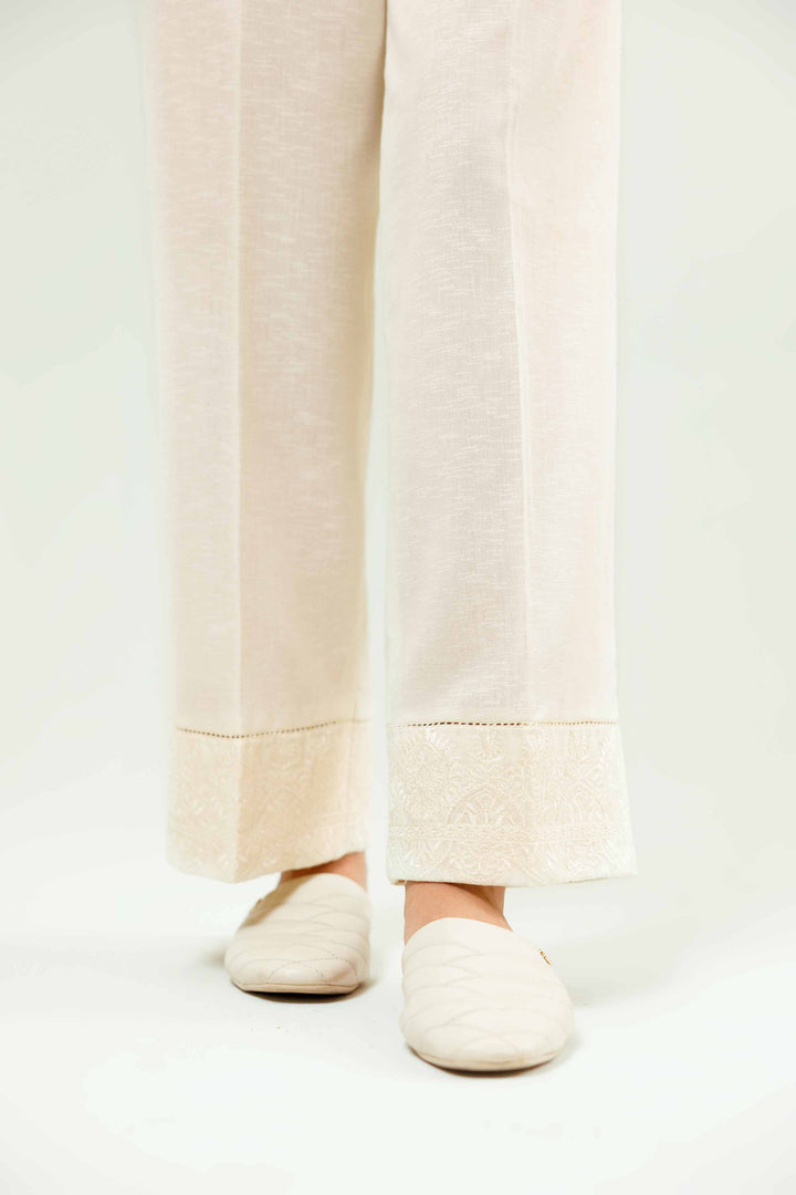 Off White Karandi Embroidered Winter Trousers