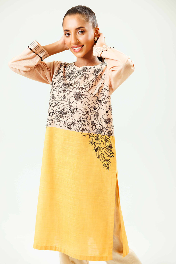 Printed Embroidered Yellow Winter Khaddar Shirt