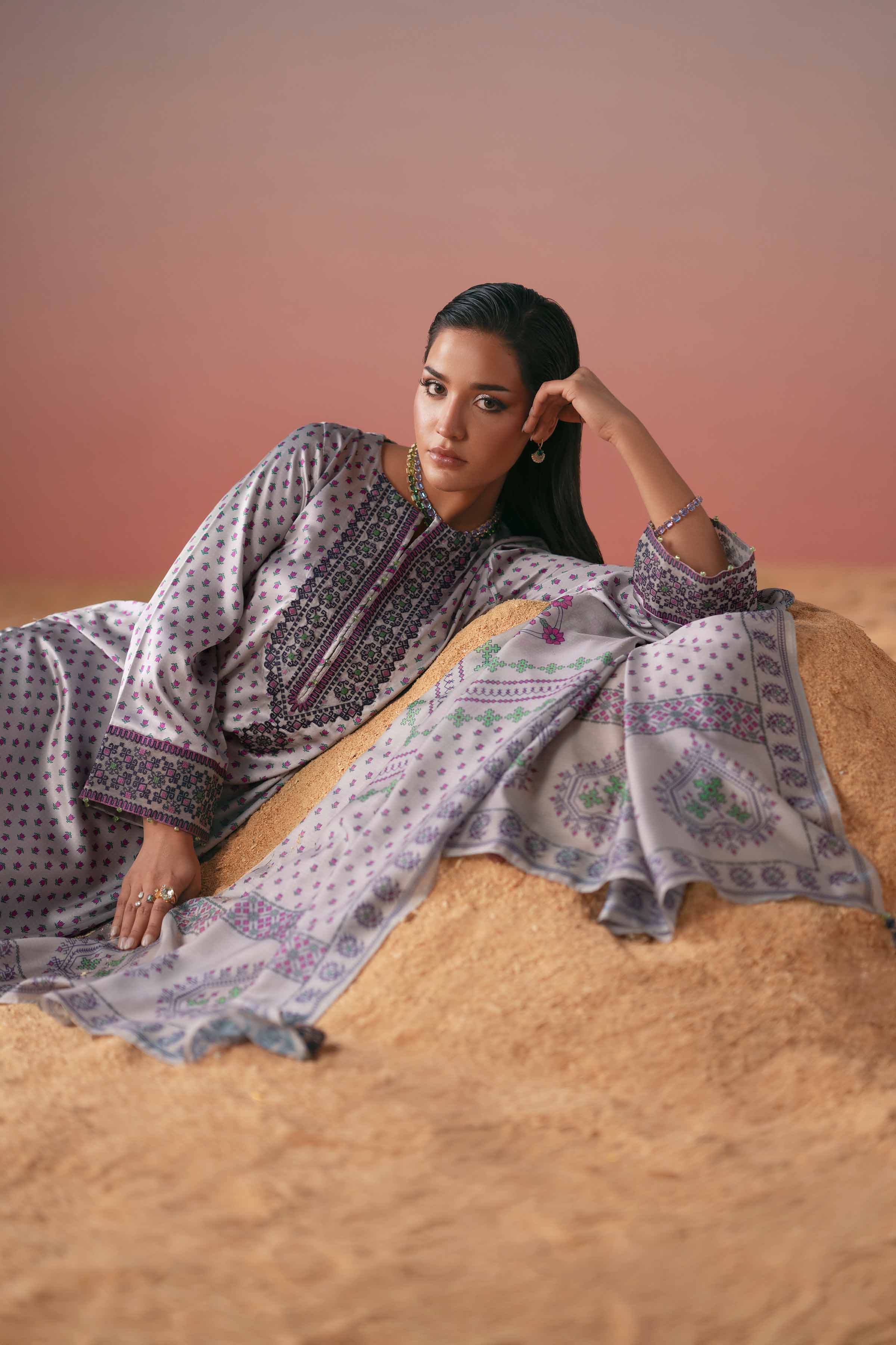 3 Piece - Printed Embroidered Suit - PW25-409Shop 